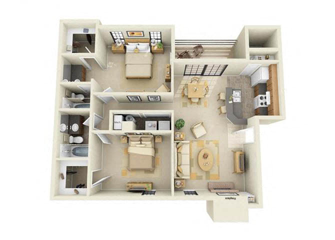 Floor plan for 2 beds, 2 baths, 1011 sqft